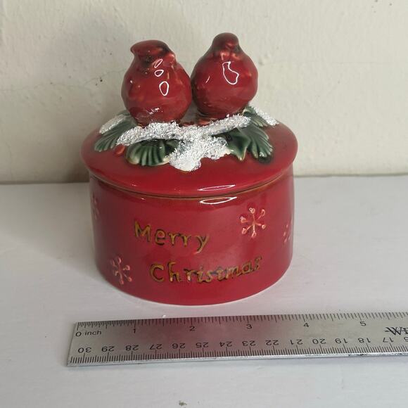 Red Cardinals Merry Christmas Ceramic Lidded Trinket Box Holiday Winter Canister - Picture 6 of 9
